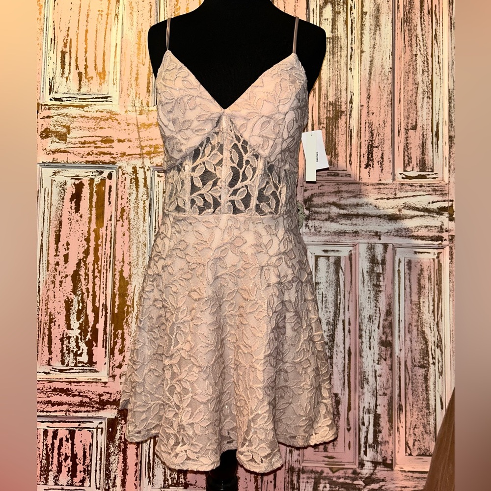Speechless Floral Lace Prom Dress in tan.
